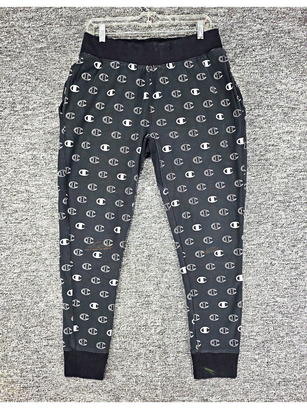 Champion Men's Reverse Weave Black Allover Logo Fleece Jogger Pants L 34W